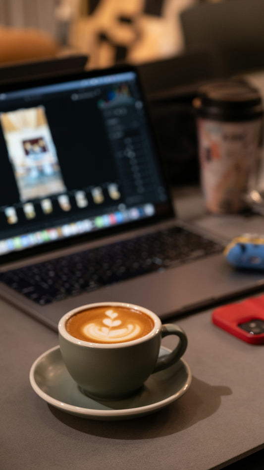Coffee and laptop desk - mushroom gummies for remote work focus